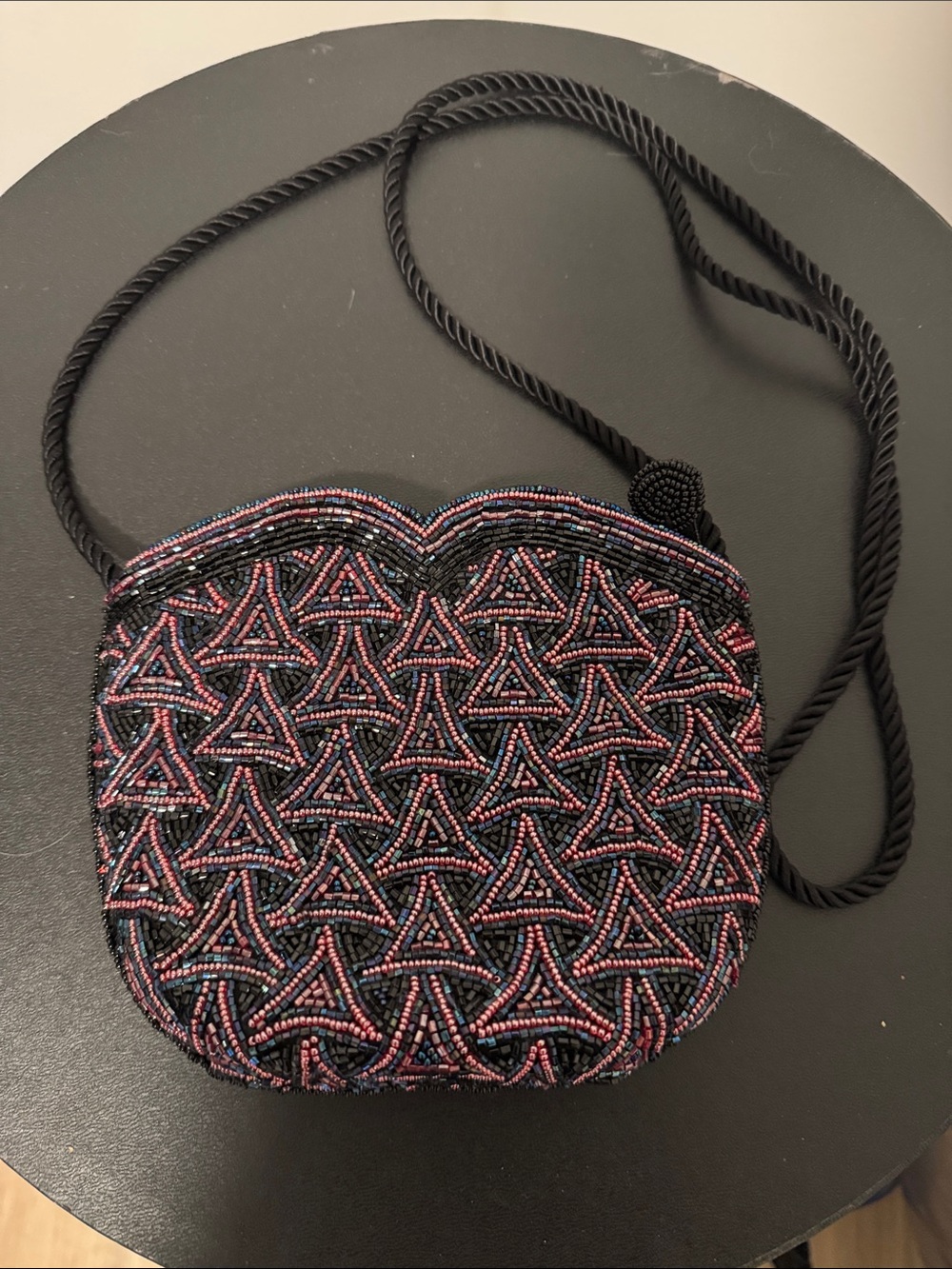 Vintage Beaded Black Crossbody Bag with Pink Accent